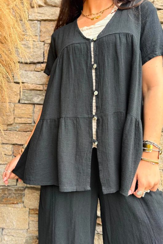 Lina Linen Blend Smock Over Shirt Black